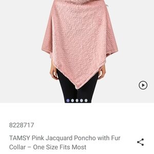 Pink Jacquard Heart Motif Poncho with Faux Fur Collar